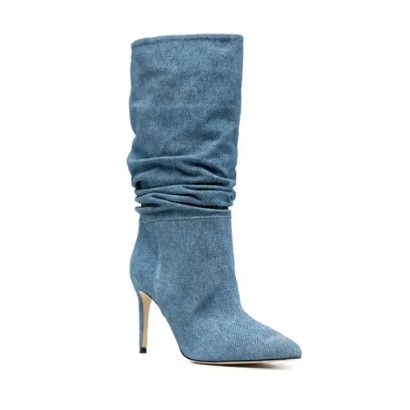 2023 Denim Blue 10cm Slim Heel Pleated Boots 35-43 Fashion Imitation Suede Women's Boot Internet Celebrity Pointed Show Boots