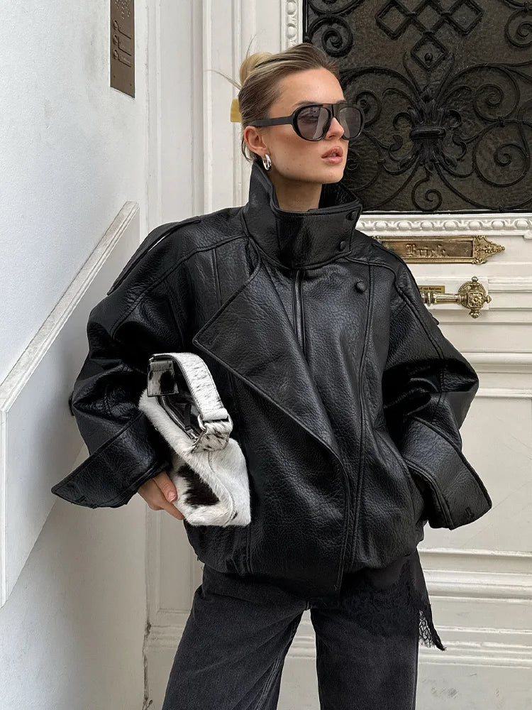 HH Women Autumn Fashion Jackets Asymmetric Button Pocket Long Sleeves Black Loose Zipper Jackets Female High Street Coats
