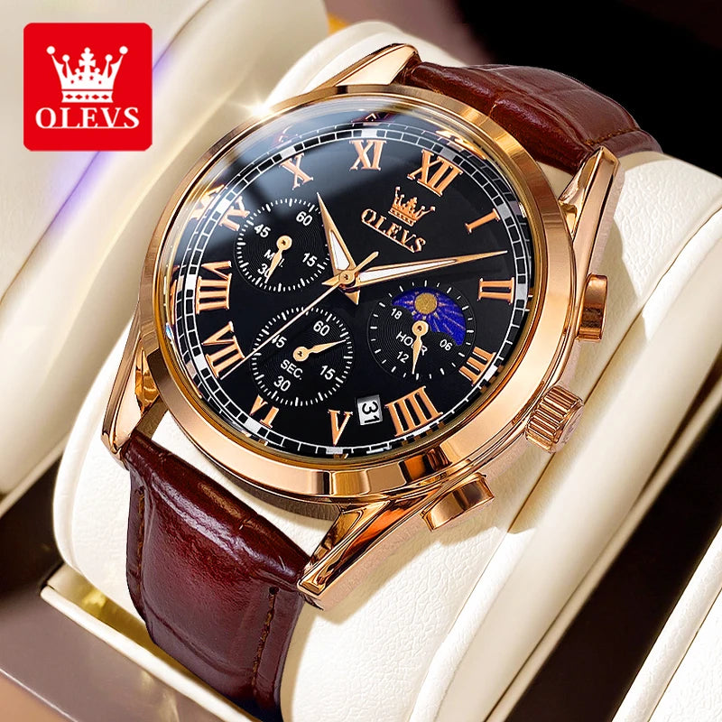 OLEVS 2871 Quartz Watches for Men Fashion Leather Strap 30M Waterproof Chronograph 24 Hour Moon Phase Auto Date Luxury Man Watch
