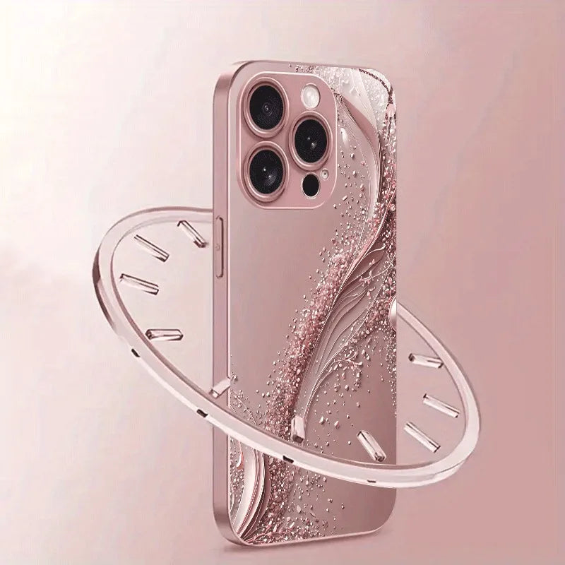 Pink Golden Ripple Pattern Metal Paint Tempered Glass Phone Case For iPhone 17 16 15 14 13 12 11 Pro Max Plus 16E 17Air Cover