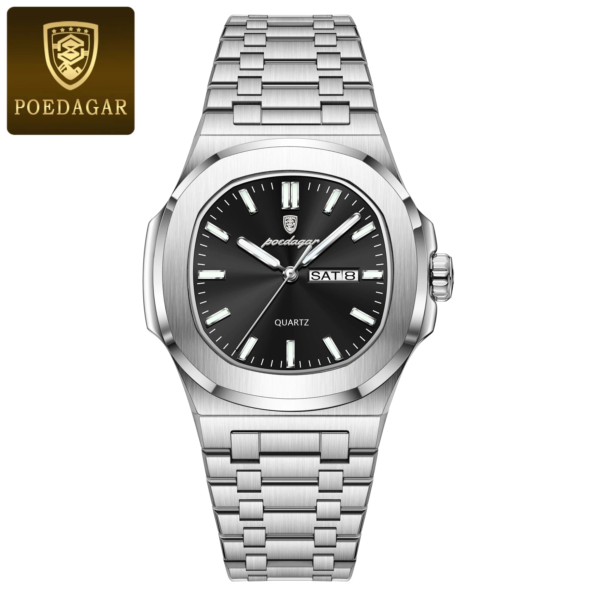 POEDAGAR Square Luxury Men's Wristwatch Luminous Waterproof Stainless Steel Male Clock Week Date Original Quartz Watches For Men
