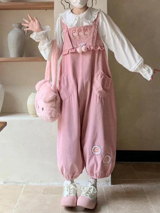 Sweet Kawaii Casual Pink Fashion Harajuku Cargo Harem Pants Women Bow Girls Overalls Streetwear Vintage Cute Jumpsuit