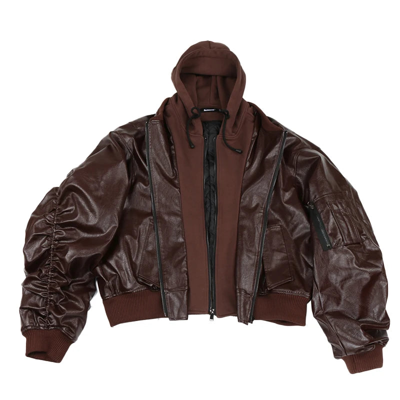 Nerazzurri Autumn Winter Cool Handsome Oversized Brown Thickened Warm Leather Jacket Men with Hood Fake 2 Piece European Clothes