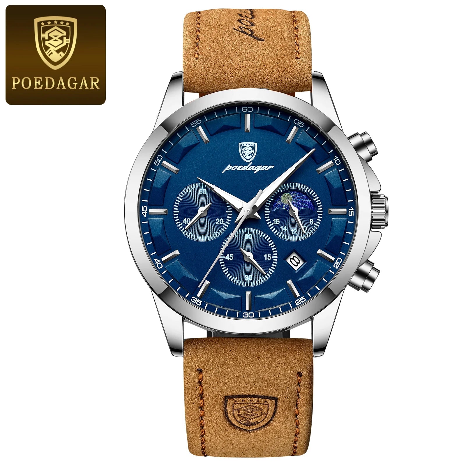 POEDAGAR Luxury Business Man Watch Waterproof Chronograph Luminous Date Male Wristwatch Leather Fashion Men's Quartz Watches+Box