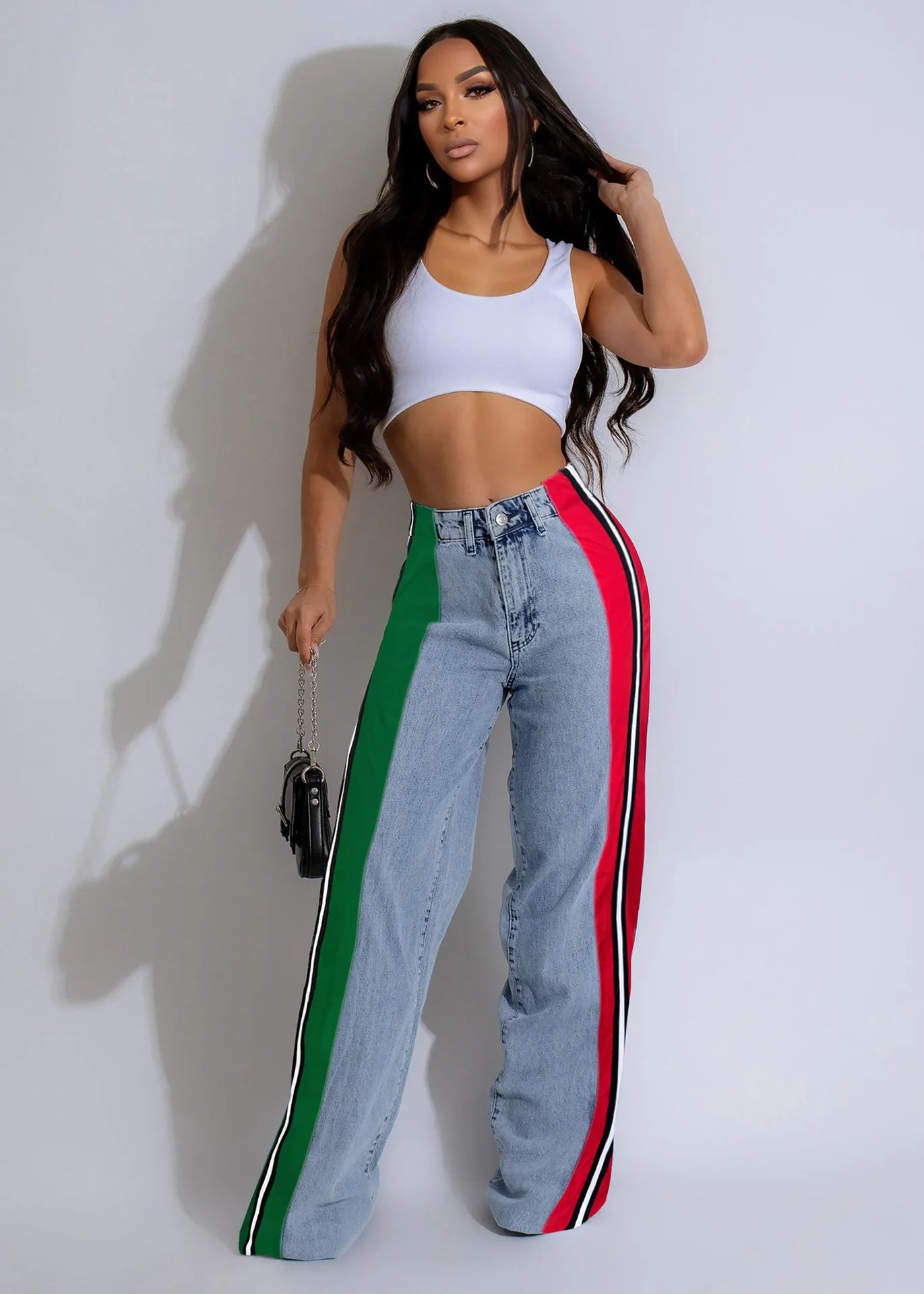 Denim Pants Women Patchwork Spliced Long Pant Mom Straight Button High Waist Casual Jeans Trousers Pocket Lady Y2k Autumn