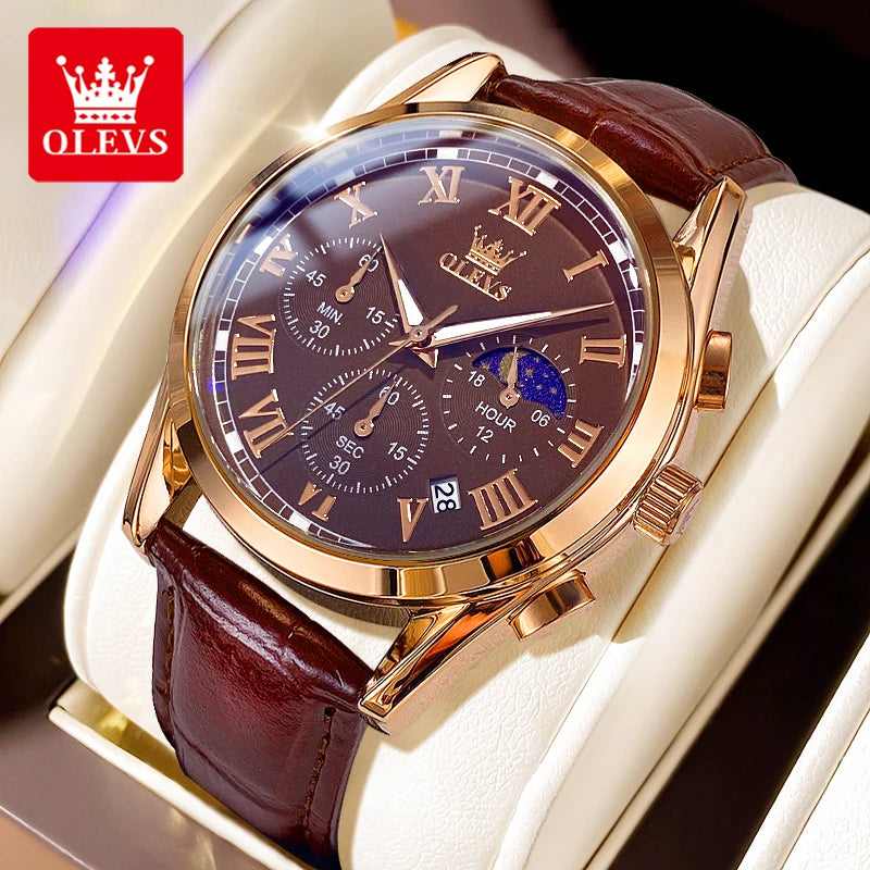 OLEVS 2871 Quartz Watches for Men Fashion Leather Strap 30M Waterproof Chronograph 24 Hour Moon Phase Auto Date Luxury Man Watch