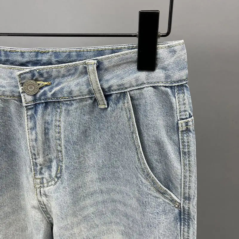 Slant Pocket Light Blue Slim-fitting Small-footed Jeans Men's Streetwear Simple Retro High Street Trousers Trendy Men's Pants
