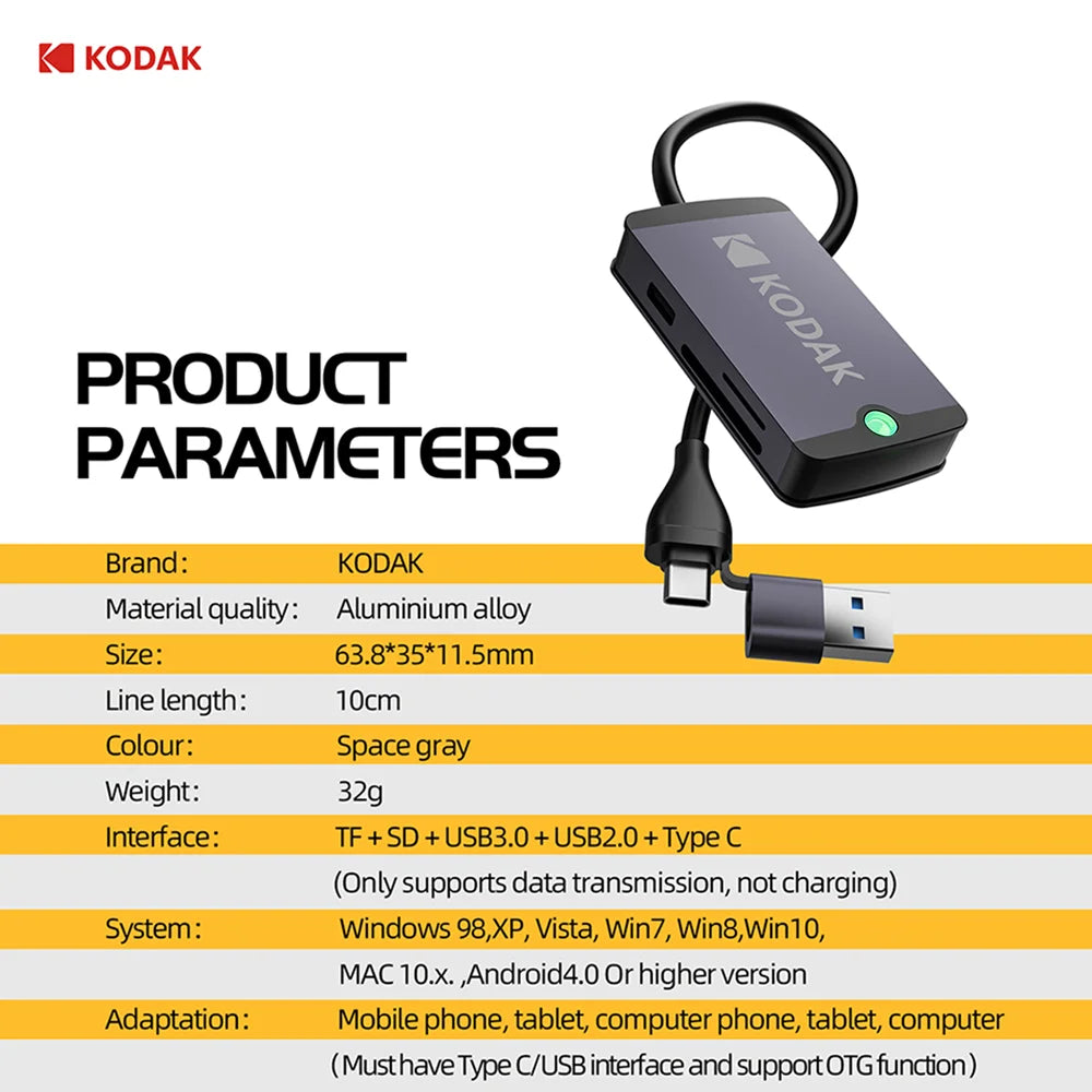 KODAK USB C Hub USB3.0 Type-c Ports with MicroSD Card Adapter SD Card Reader for phones Tablets MacBook Laptops(Requires OTG)