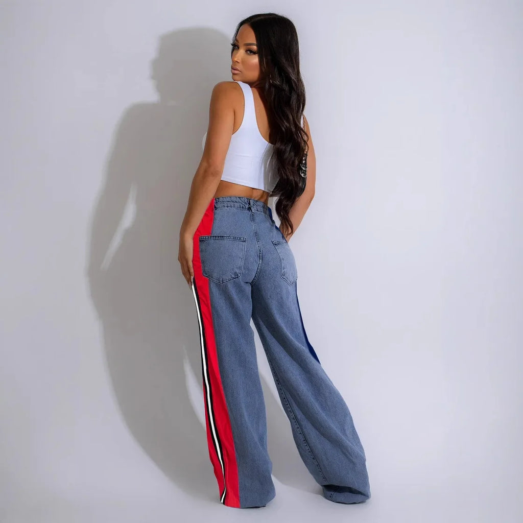 Denim Pants Women Patchwork Spliced Long Pant Mom Straight Button High Waist Casual Jeans Trousers Pocket Lady Y2k Autumn