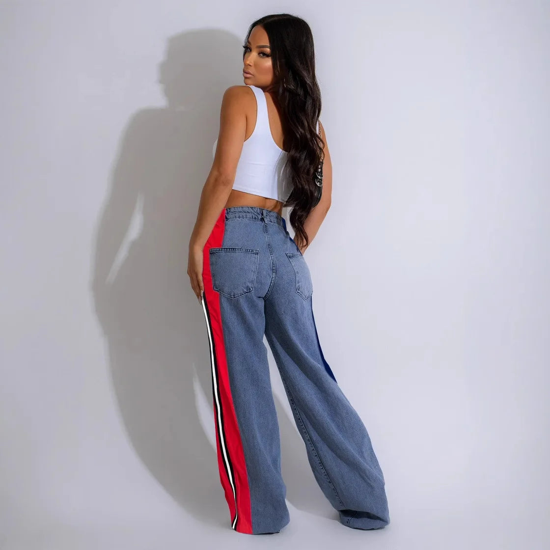 Denim Pants Women Patchwork Spliced Long Pant Mom Straight Button High Waist Casual Jeans Trousers Pocket Lady Y2k Autumn