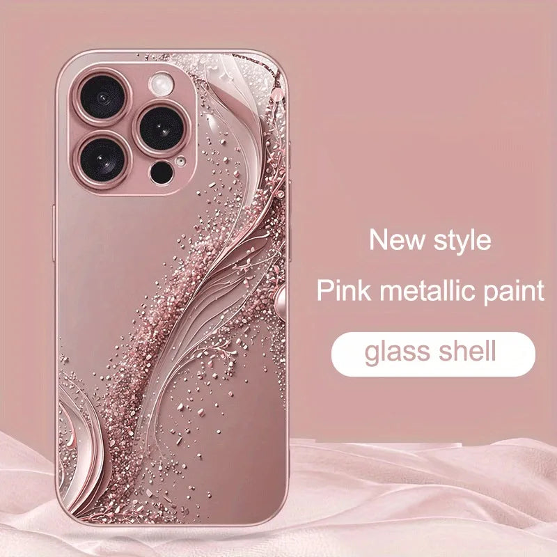 Pink Golden Ripple Pattern Metal Paint Tempered Glass Phone Case For iPhone 17 16 15 14 13 12 11 Pro Max Plus 16E 17Air Cover
