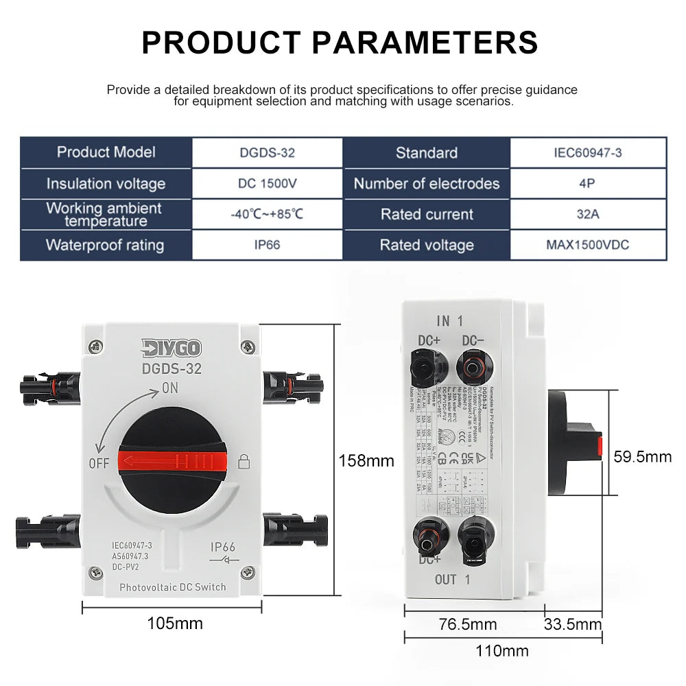 DIY GO IP66 Waterproof Isolator Switch 2in 2out 2 String PV Disconnect Switch DC 1200V 32A Solar System Disconnector