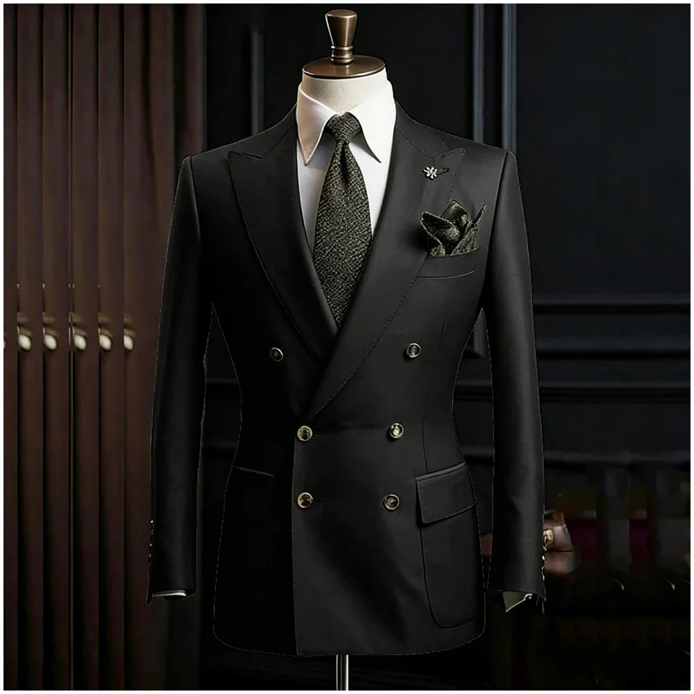 Formal Men's Suits Slim Fit Double Breasted Peaked Lapel Wedding Groom Prom Custom Male Clothing 2 Piece Jacket Pants Sets