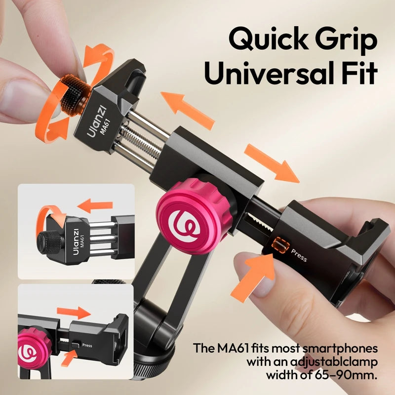 Ulanzi MA61 QuickClip Phone Clamp with Cold Shoe Mount with 360° Rotation 1/4" Screw 65-90mm Width for Tripod Video Light Mount