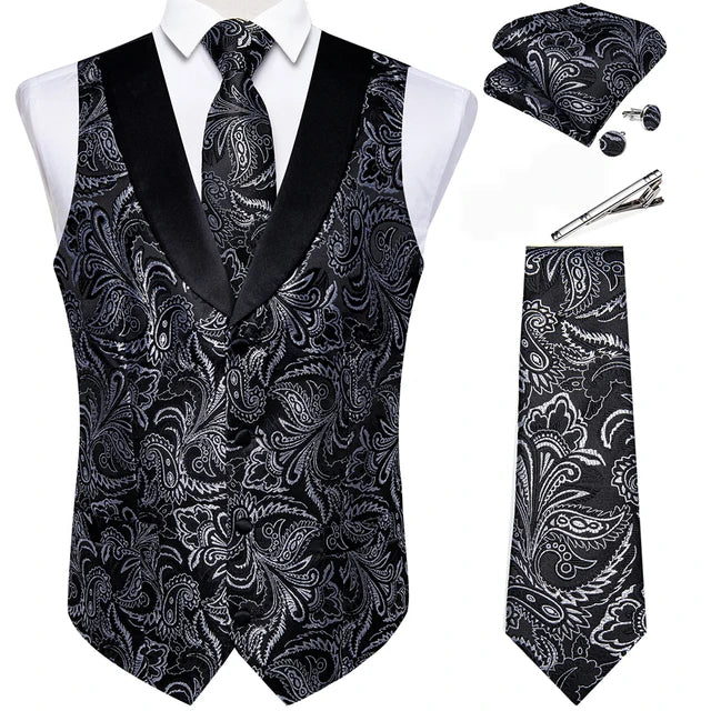 Suit Vest Set For Men Wedding Luxury Gray Paisley Dress Vests Necktie Clip Cufflinks Handkerchief Male Sleeveless Waistcoat Gift