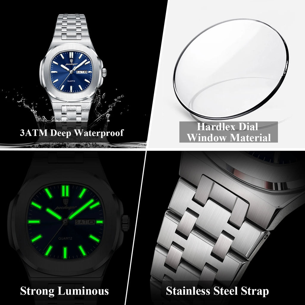 POEDAGAR Exquisite Square Woman Watch Date Week Original Waterproof Luminous Ladies Watch Stainless Steel Quartz Women's Watches