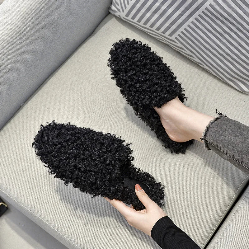 Black/white Curly Fur New Slippers Women Flat Heel Round Toe Lambwool Slides Home Shoes Woman Lazy Furry Slippers Big Size 41-44
