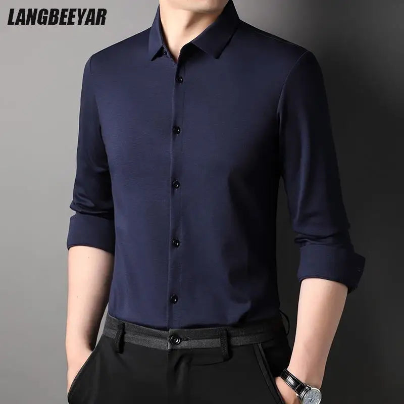 Top Grade Mulberry Silk 5.2% New Slim Fit Fashion Designer Brand Luxury Men Shirts 2025 Long Sleeve Plain Casual  Mens Clothes