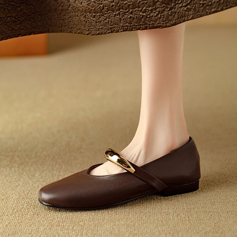 NEW Autumn/Spring Women Pumps Round Toe Low Heel Shoes Split Leather Shoes for Women Concise Metal Decoration Handmade Shoes