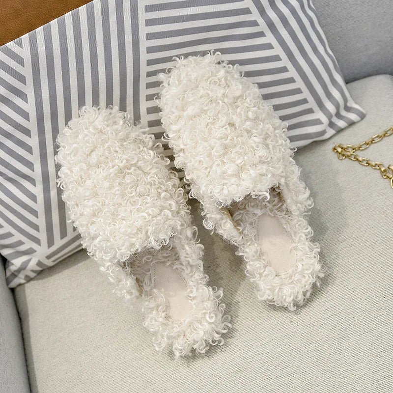 Black/white Curly Fur New Slippers Women Flat Heel Round Toe Lambwool Slides Home Shoes Woman Lazy Furry Slippers Big Size 41-44