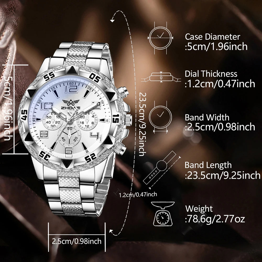 4PCS Silver Men's Fashion Casual Mixed Scale Dial Quartz Watch Bracelet Necklace Ring Set Suitable for Daily Wear Decoration