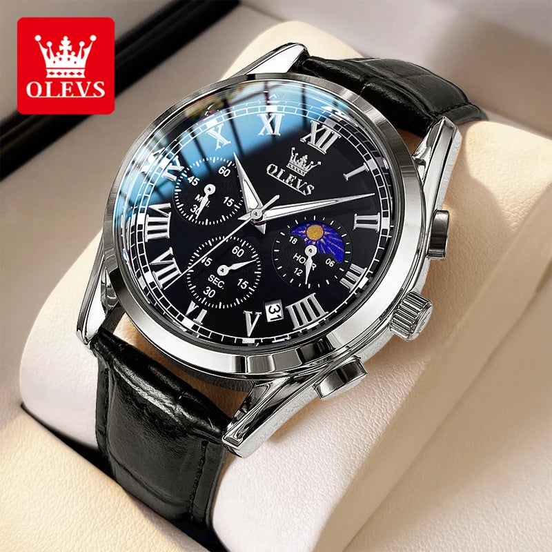 OLEVS 2871 Quartz Watches for Men Fashion Leather Strap 30M Waterproof Chronograph 24 Hour Moon Phase Auto Date Luxury Man Watch