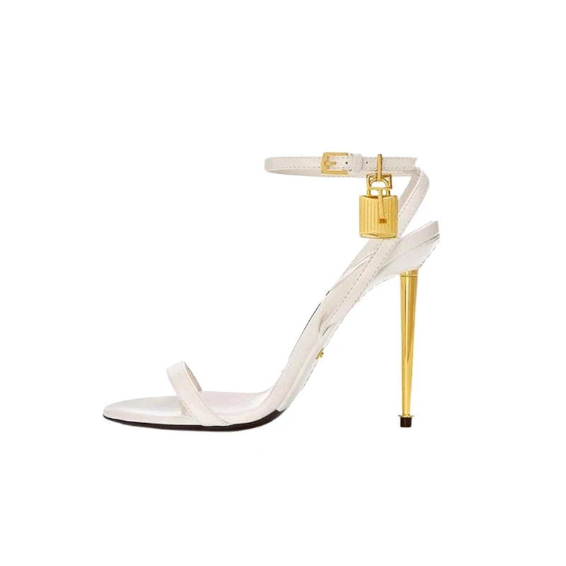 2025 New Sexy Gold Padlock High Heels One Word Buckle Open Toe Thin Heels Leather Shoes Ankle Strap Gladiator Sandal 44