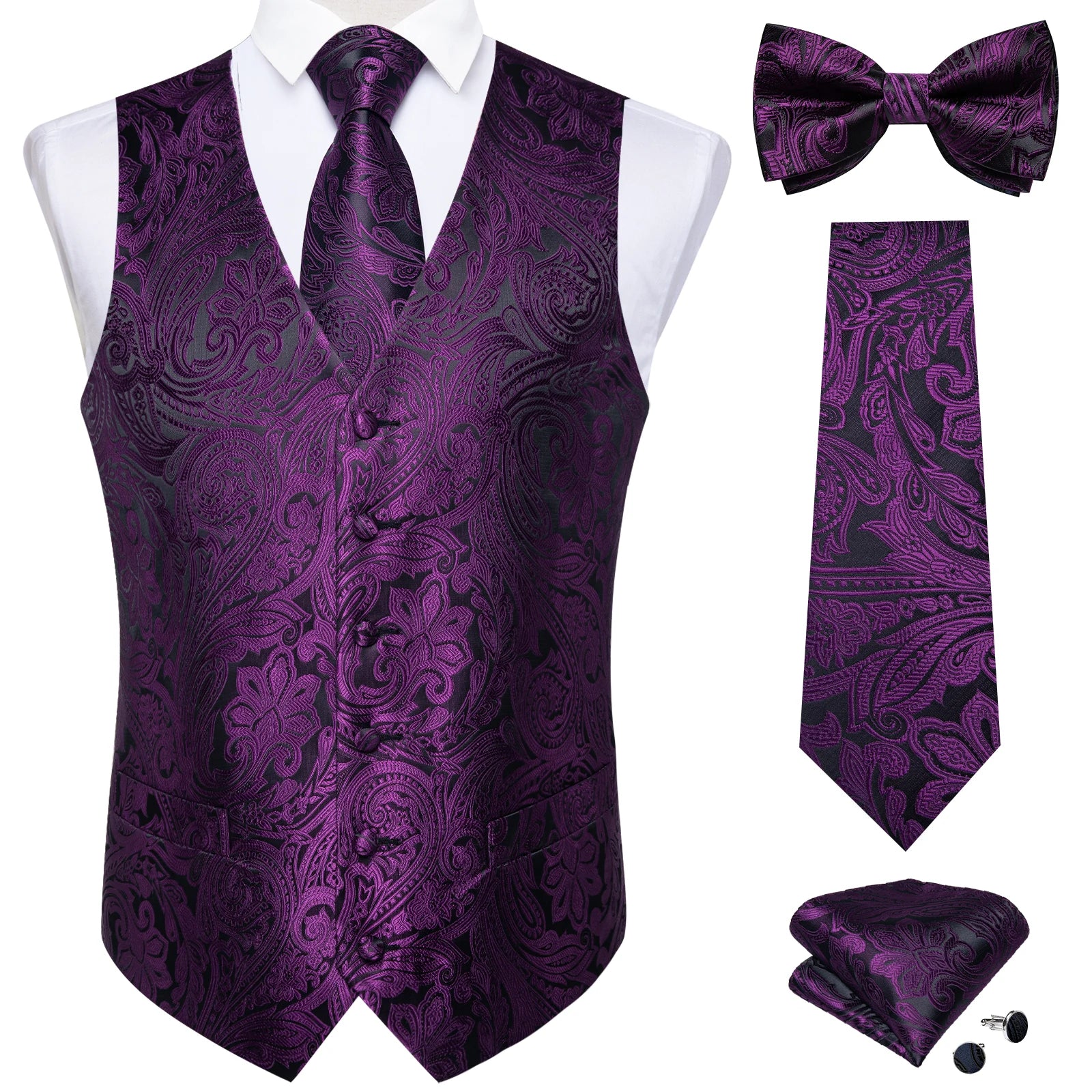 Men Black Paisley Vest Necktie Bowtie Pocket Square Cufflinks Dress Set жилетка мужская Classic 5 PCS Business Waistcoat for Man