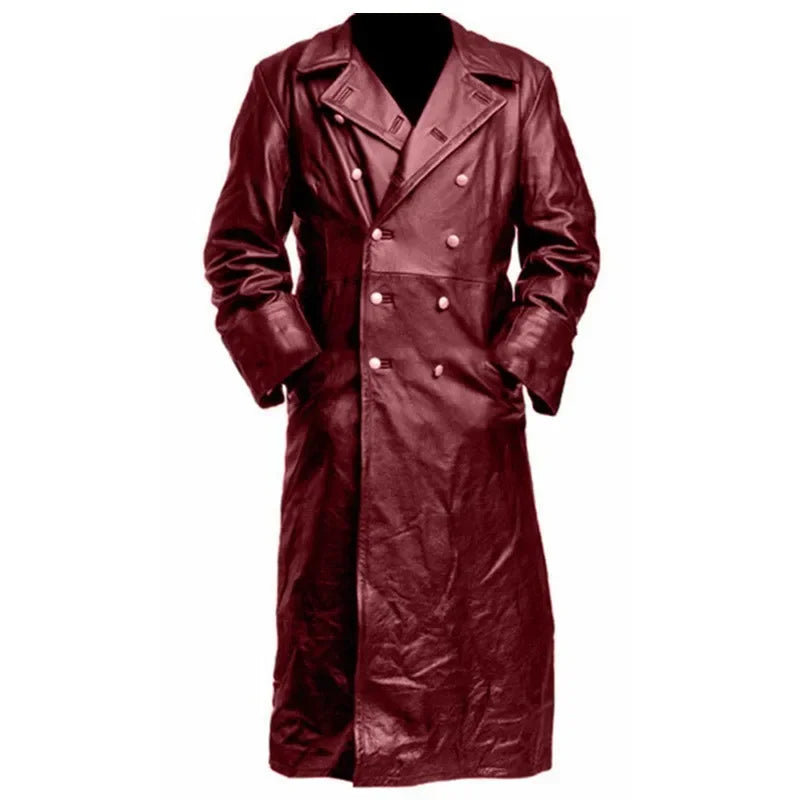 Men Faux Leather Coats Pu Long Coat Splice Double Breasted Turn Down Collar Slim Fit Thick Casual Jackets Autumn Winter