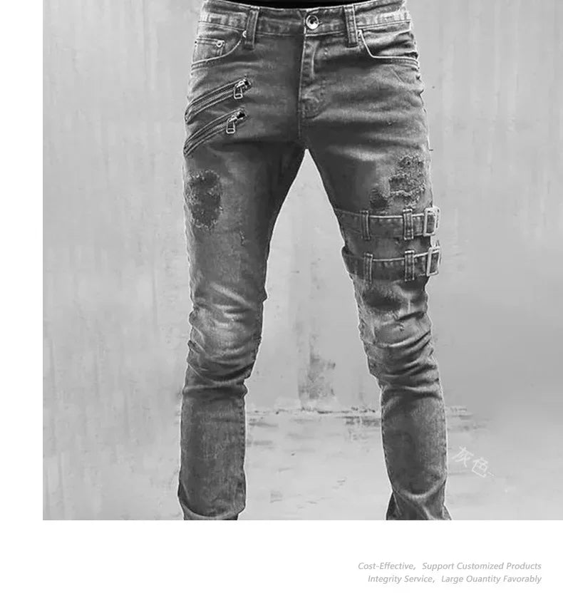 Men Holes Distressed Jeans Pencil Pants Mid Waist Slim Fit Zippers Denim Ankle Length Trousers 2025 Casual Streetwear Denims