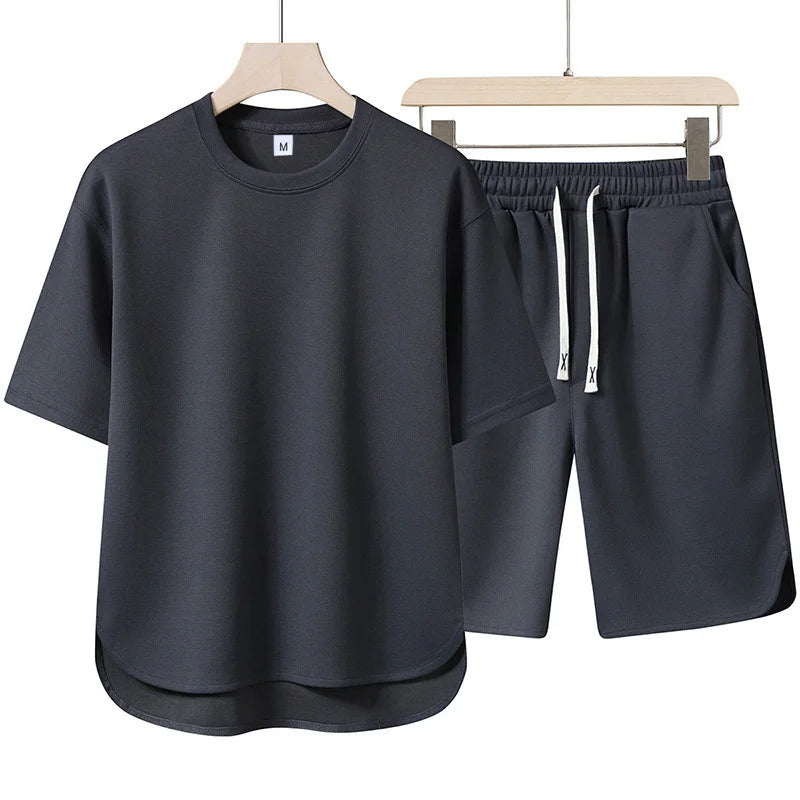 2025 Summer New Men Suit Round Neck Short Sleeve T-shirt+shorts Two Piece Set Loose Outdoor Sports Casual Solid Color Tracksuit