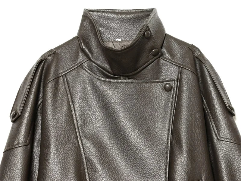 Women's Jacket Fall 2025 New Black Long Sleeve Pebble Faux Leather Jacket Motorcycle Style Personality Fashion