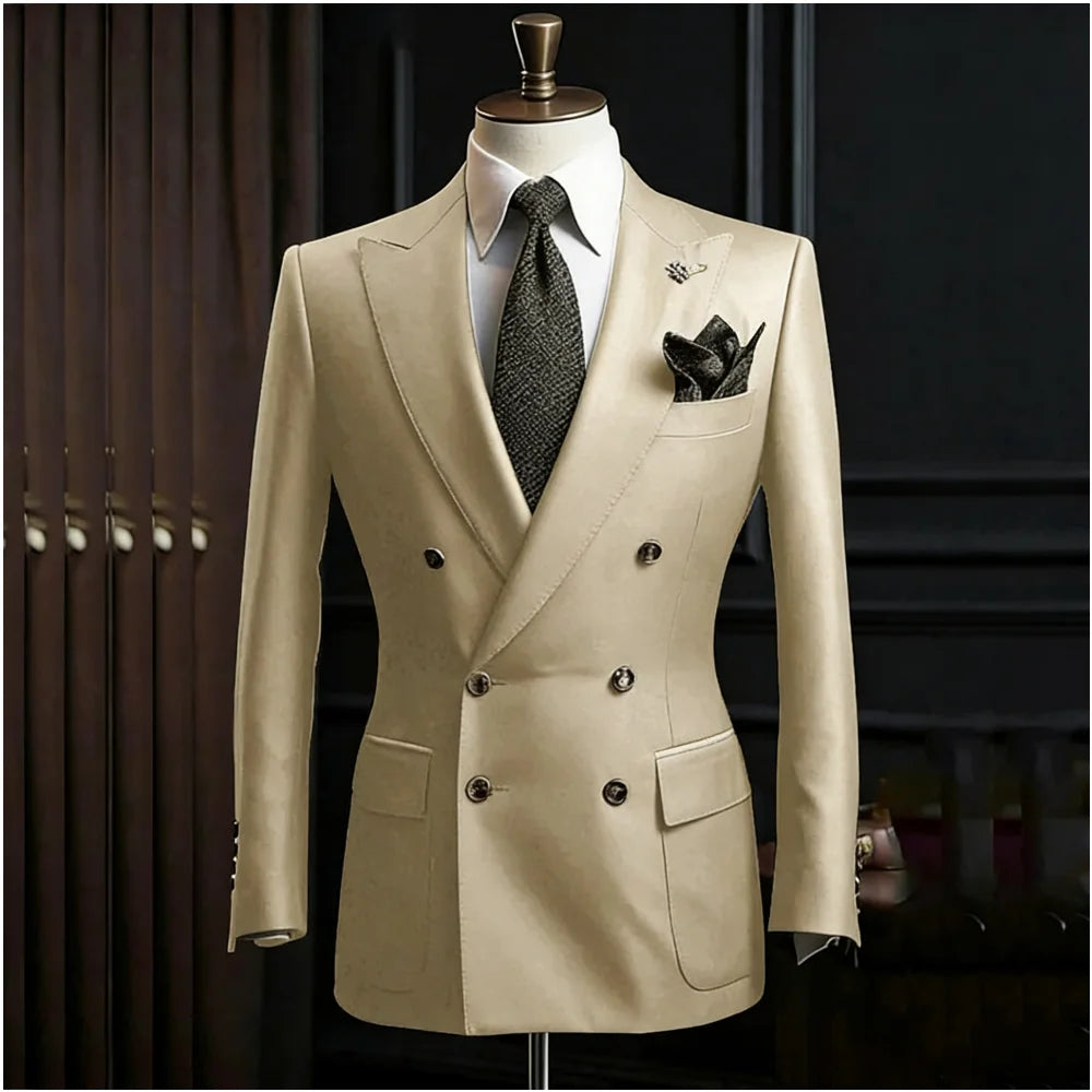Formal Men's Suits Slim Fit Double Breasted Peaked Lapel Wedding Groom Prom Custom Male Clothing 2 Piece Jacket Pants Sets