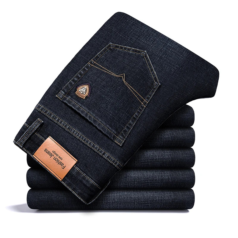 SHAN BAO 2022 autumn spring fitted straight stretch denim jeans classic style badge youth men's business casual jeans trousers