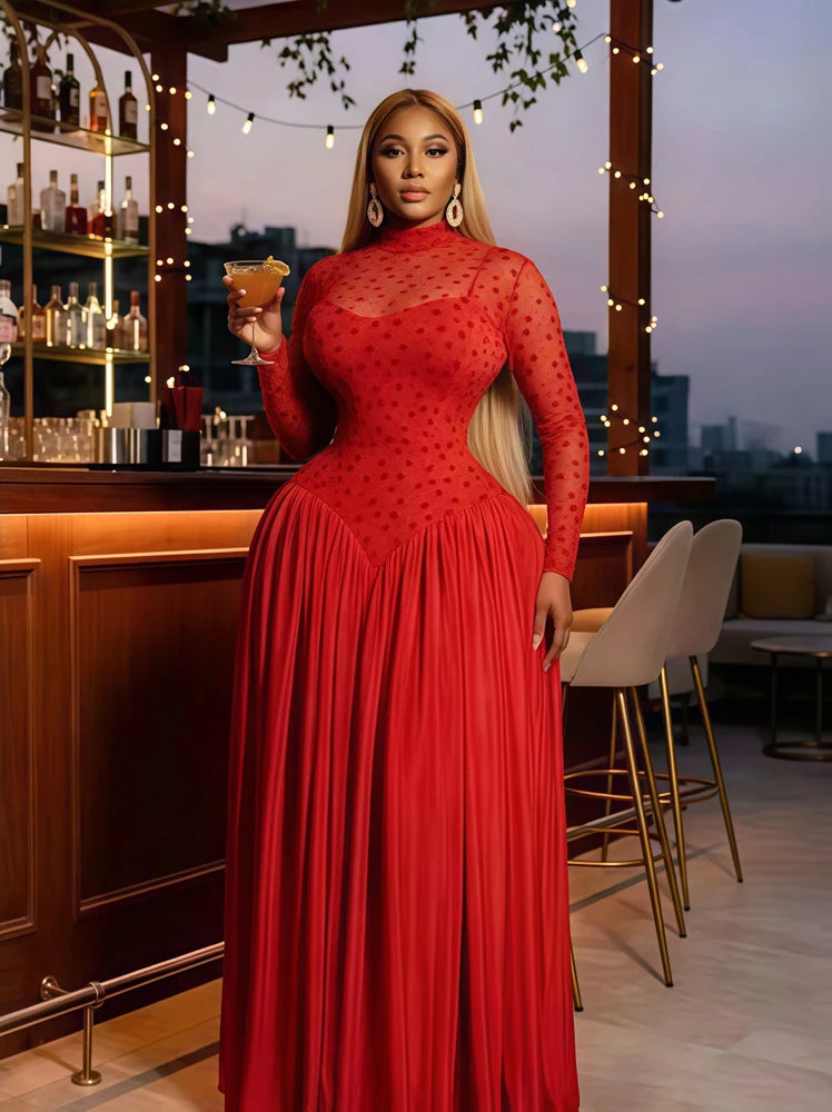 Two Color Patchwork Women Dress Fashion Sheer Mesh Top Long Sleeve Maxi Dress Parties Wear Elegant African Robe with Inner Dress
