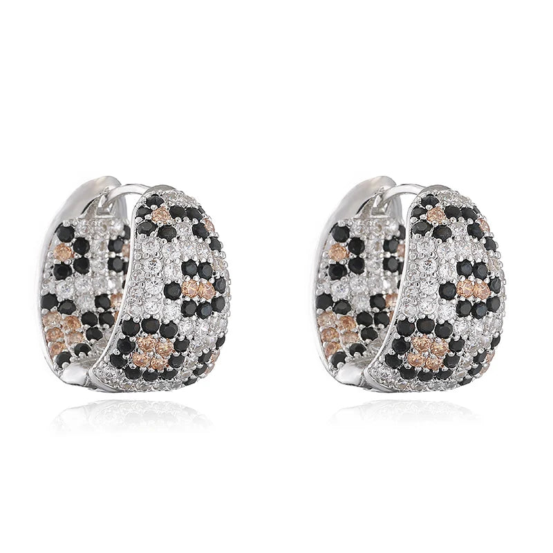 HECHENG,Small Leopard Print Earrings with CZ Stones Clash of Colours Design Niche Fashion Hip Hop Style Unisex Metal Jewellery