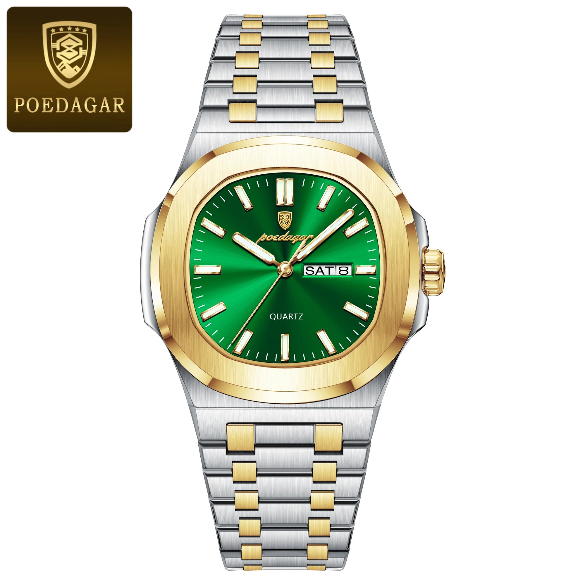 POEDAGAR Square Luxury Men's Wristwatch Luminous Waterproof Stainless Steel Male Clock Week Date Original Quartz Watches For Men