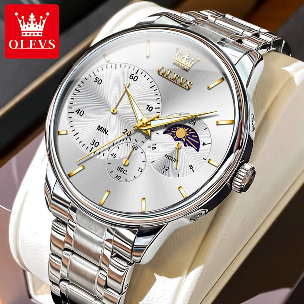 OLEVS Men's Watches Top Brand Business Fashion Fine Steel Original Brand Quartz Wristwatch for Man Moon Phase Chronograph Big