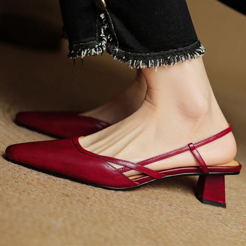 Women's cow leather pointed toe slingback 4.5cm kitten heel summer pumps elegant ladies slim daily dress heeled shoes sandals