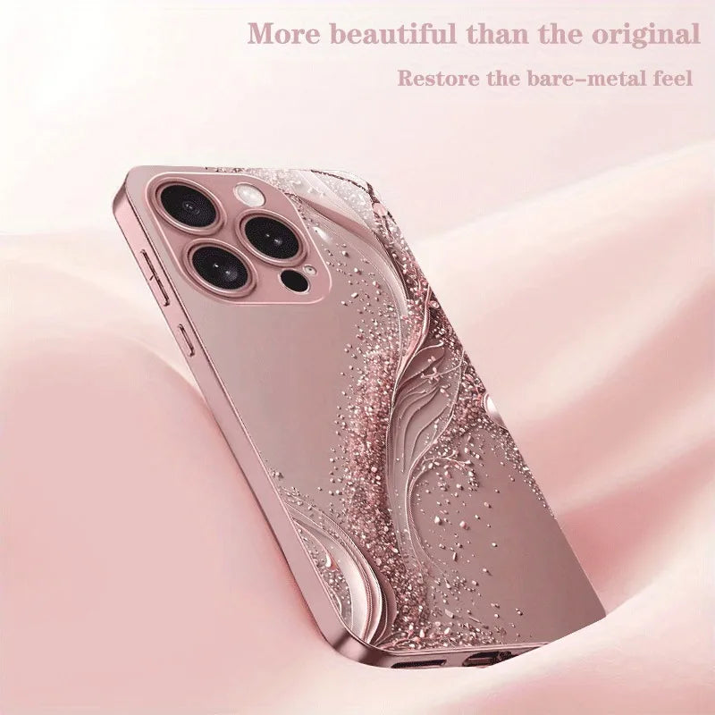 Pink Golden Ripple Pattern Metal Paint Tempered Glass Phone Case For iPhone 17 16 15 14 13 12 11 Pro Max Plus 16E 17Air Cover