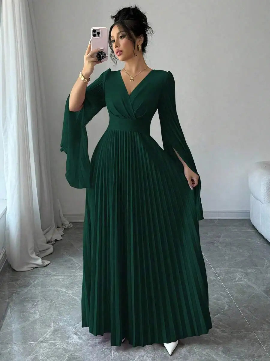 Lavender V-Neck Pleated Maxi Dress with Bell Sleeves Elegant Formal Gown