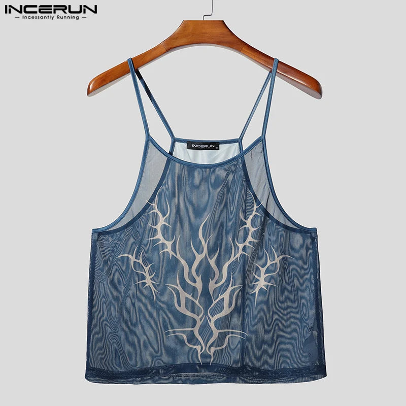INCERUN Men Tank Tops Printing O-neck Sleeveless Summer Mesh Male Vests See Through Streetwear Sexy Fashion Crop Tops Men S-5XL