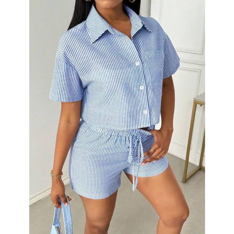 New Fashion Women's Clothing Trend Lapel Casual Striped Shirt Short Sleeve Shorts Two-piece Set Two Piece Sets Womens Outifits