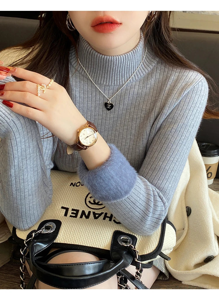 Women's Turtleneck Sweater Winter 2026 Retro with Velvet Lining Thickened Inner Wear Thermal Knitting Bottoming Shirt Pullovers