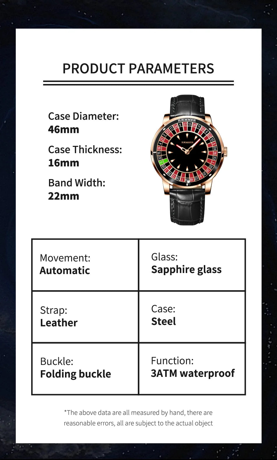 HAEMMER Luxury Men's Mechanical Watch NH35 Men's Roulette Rotary Sapphire Glass Watch Waterproof