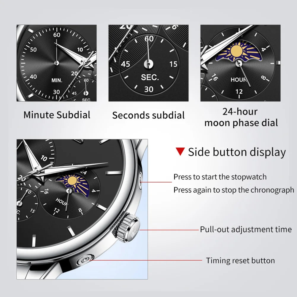 OLEVS Men's Watches Top Brand Business Fashion Fine Steel Original Brand Quartz Wristwatch for Man Moon Phase Chronograph Big