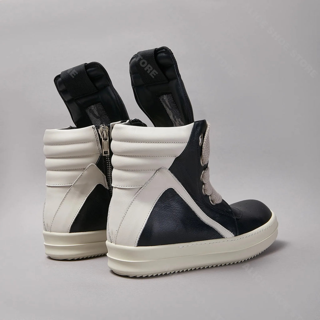 Brand Classic Casual Men Shoe High Top Women Sneaker Jumbo Laces Ankle Boot Geobasket Punk Black Leather Zip Flat Luxury Shoe