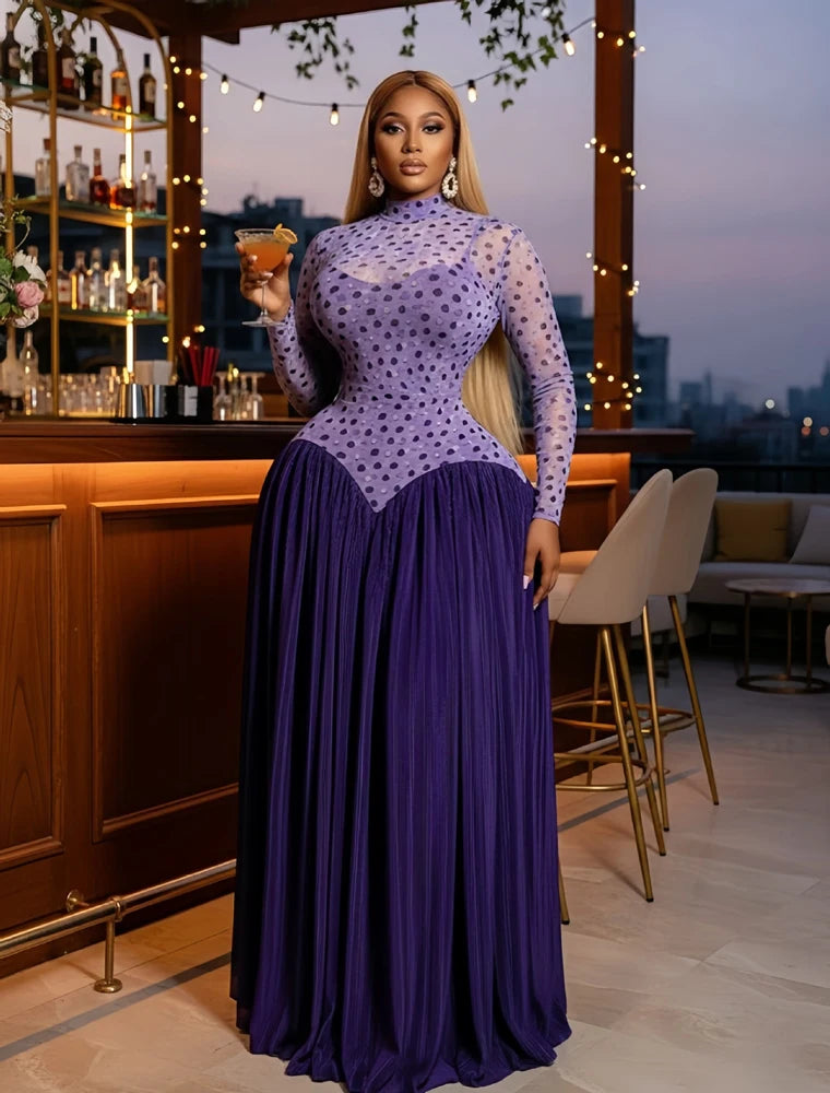 Two Color Patchwork Women Dress Fashion Sheer Mesh Top Long Sleeve Maxi Dress Parties Wear Elegant African Robe with Inner Dress
