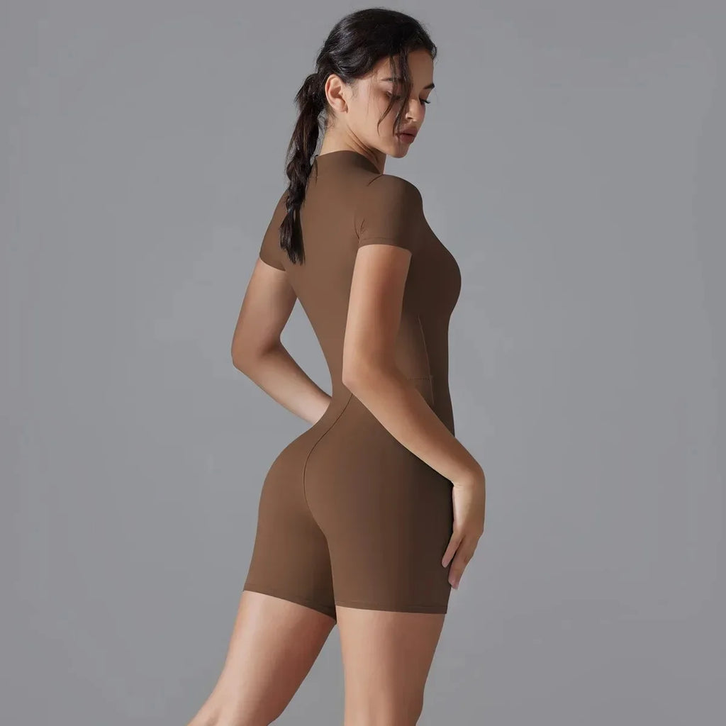 Yoga Set Women's Jumpsuits One-Piece Suit Zipper Short Sleeve Gym Push Up Workout Clothes Fitness Bodysuit Sportswear Tracksuit