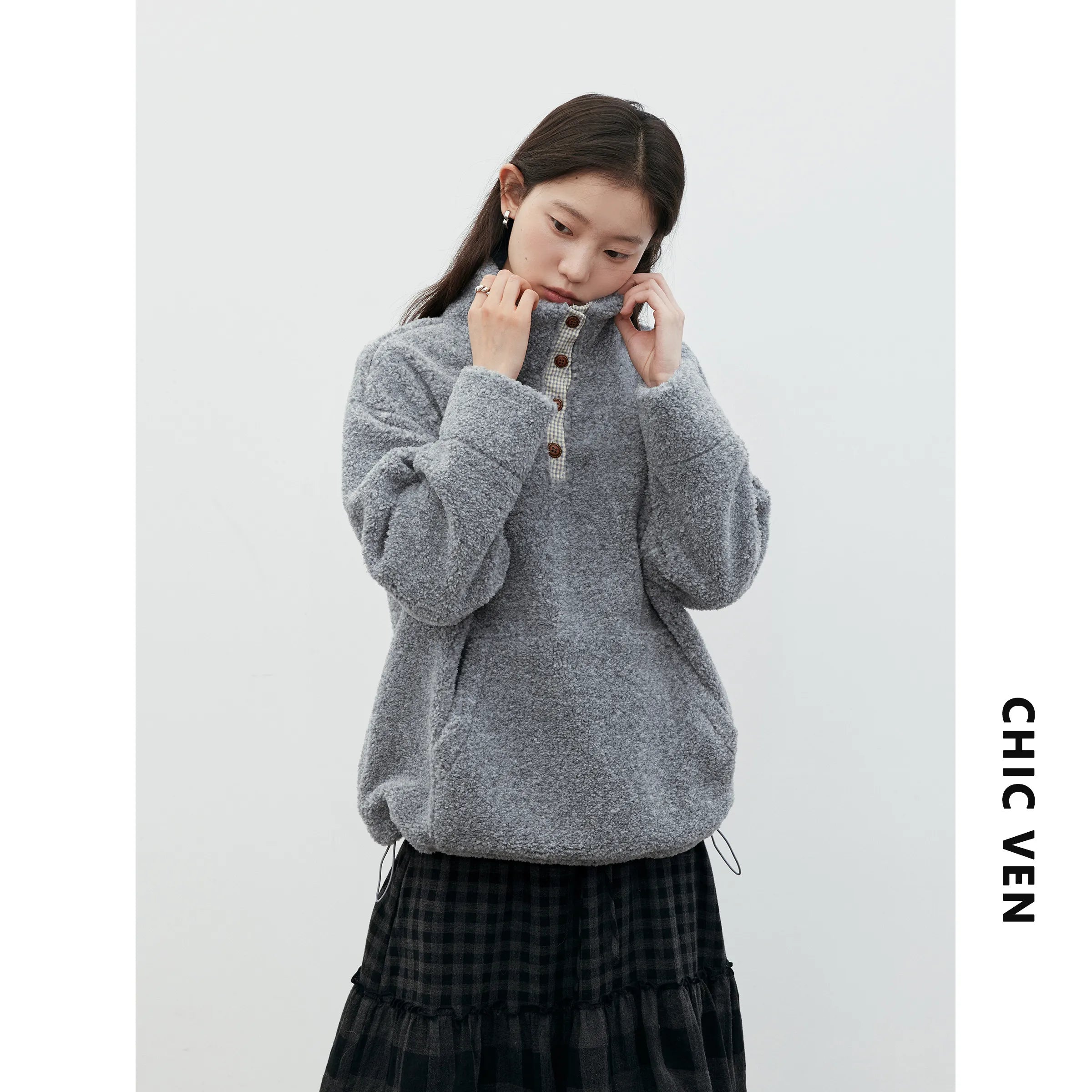 CHIC VEN Korean Women Sweatshirts New Loose Casual Plush Plaid Patchwork Drawstring Female Pullover Coat Autumn Winter 2025
